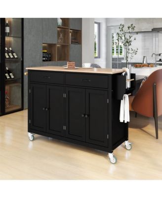 54.3" Wide Solid Wood, MDF 4-Door Cabinet, 2 Drawers, Spice Rack, Towel Bar, Locking Wheels Kitchen Island Cart