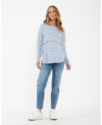 Maternity Ripe Lionel Long Sleeve Nursing Tee in Petrol and White - Comfortable and Stylish for New Moms