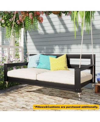 TOPMAX Acacia Wood Twin Size Porch Swing Daybed with Hanging Ropes