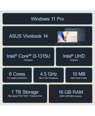 Vivobook Laptop 2025 Ultra Portable Business Computer, 14" FHD Display, 16GB RAM, 1TB Storage (512GB SSD + 500GB Ext), 6-Core Intel i3-1315U, MarxsolAccessory, Win 11 Pro, Lifetime Office 2024