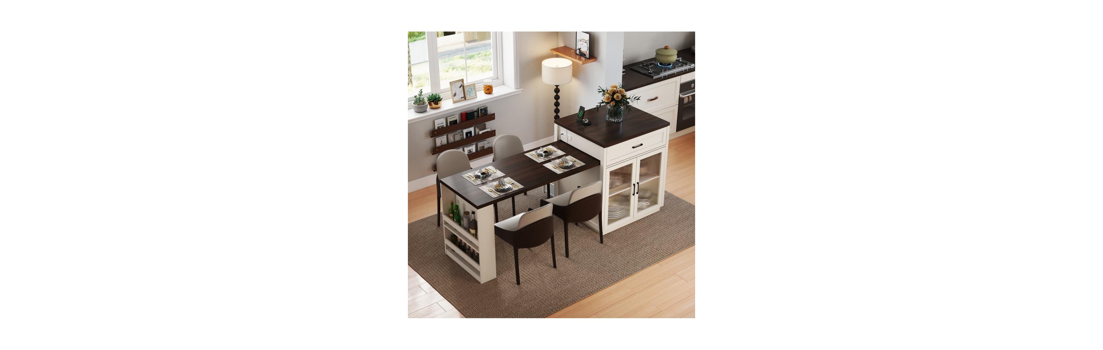 83.1" Extendable Kitchen Island with Pull-Out Table, Power Outlet, Storage Cabinet, Glass Doors & Spice Rack-Maison Boucle