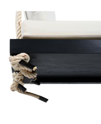 63 Inch Acacia Wood Porch Swing with Cushion and Hemp Ropes