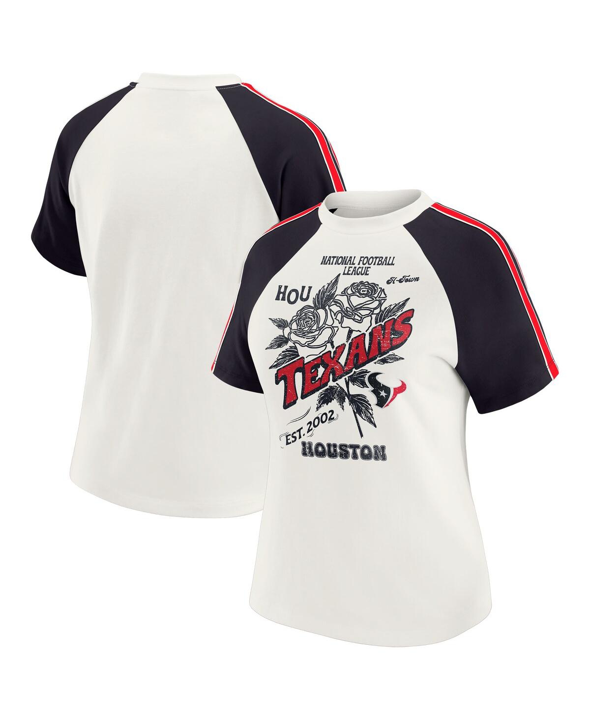 Wear By Erin Andrews Women's White Houston Texans Sleeve Stripe Distressed Raglan T-shirt In White