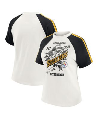 WEAR by Erin Andrews - Women's White Pittsburgh Steelers Sleeve Stripe Distressed Raglan T-Shirt