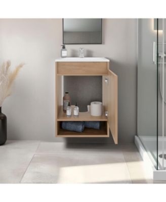 Wright Wall-Mounted Bathroom Vanity with Sink, 2 Doors, Open Shelf, Integrated Basin, Natural Oak