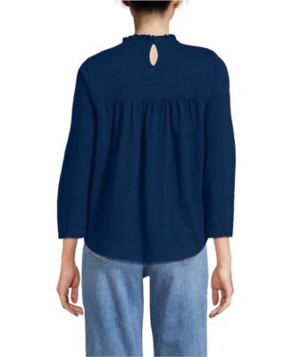 Women's Petite 3/4 Sleeve Cotton Slub Lace Trim Top