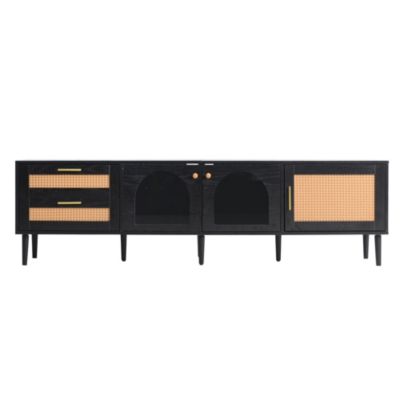 Rattan TV Stand with 3 Cabinets & 2 Drawers Media Console Table for TVs up to 80" with LED Light