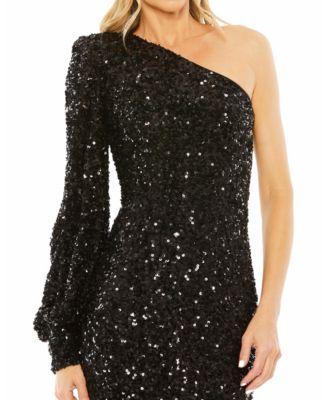 Women's Sequined One Shoulder Bishop Sleeve Trumpet Gown