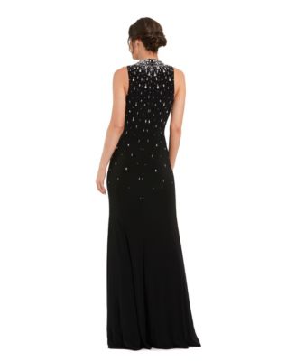Women's High Neck Sleeveless Beaded Jersey Fitted Gown