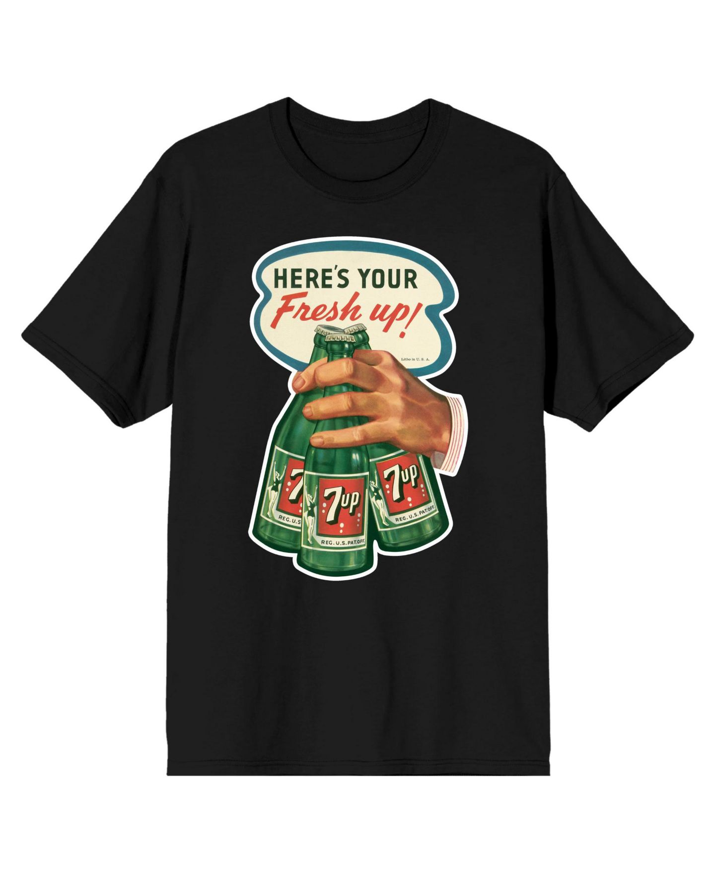 Мужская футболка 7UP Big & Tall Here's your Fresh Up! Hand with 3 Bottle og Green Softdrinks Black Short Sleeve Adult, цвет: Чёрный — фото 1