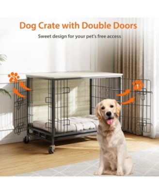 27" Grey & Black Modern Furniture-Style Dog Crate with Double Door, 360° Rotating Wheels, Anti-Slip Feet & Divider, End Table Design