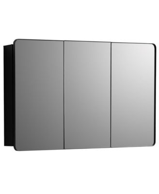 3-Door Aluminum Bathroom Medicine Cabinet, Round Corner Framed Door - Versatile Recessed Medicine Cabinet or Surface Mount, Mirrored Door Cabinet with Adjustable Glass Shelves, Matte Black