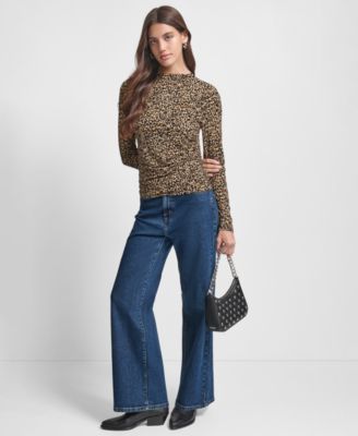 Women's  Side Ruched High Neck Long Sleeve Top With Rhinestud Logo