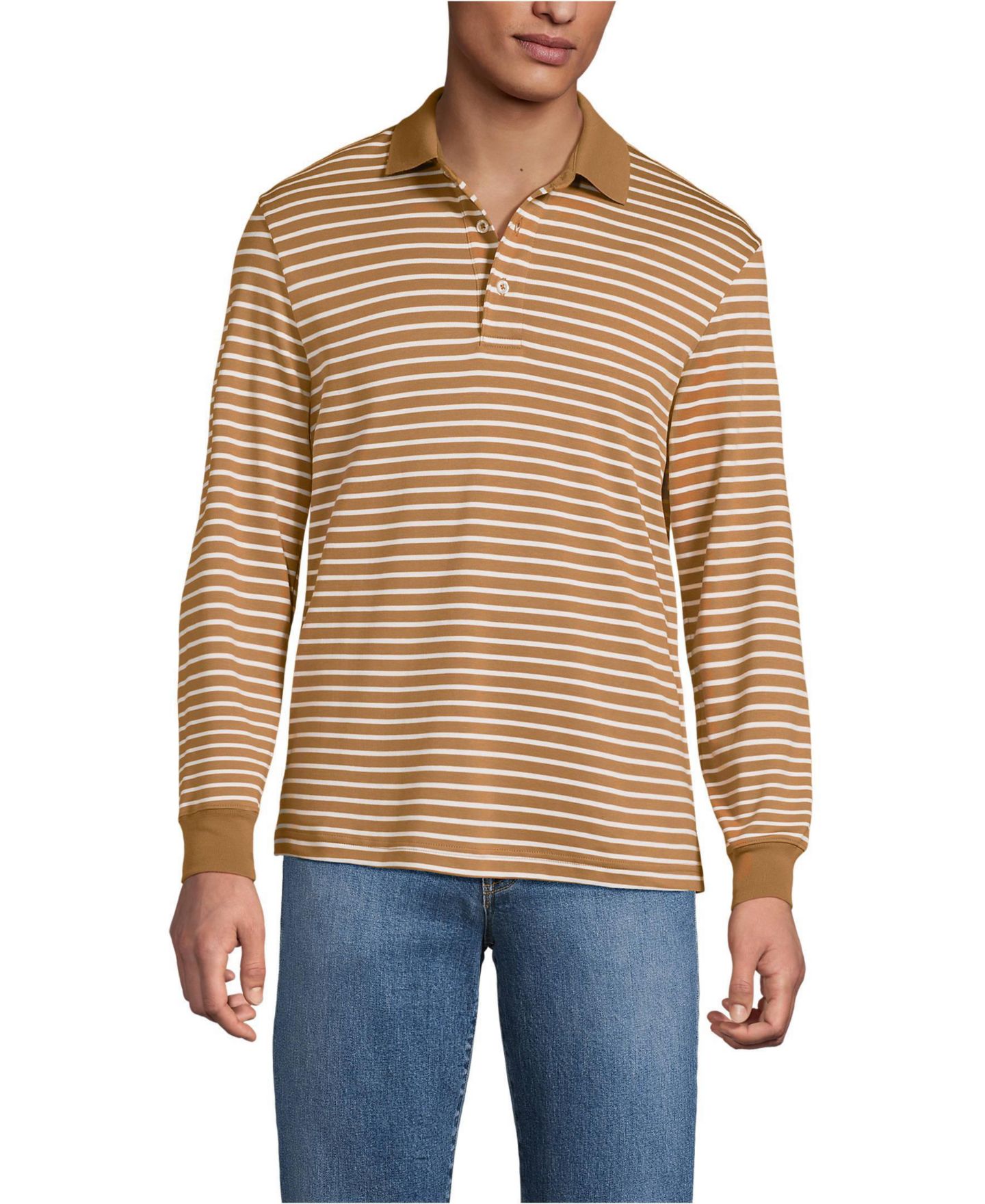 Мужское поло Lands' End Long Sleeve Cotton Supima Polo Shirt, цвет: Верблюжий полосатый — фото 1