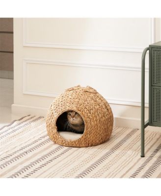 Woven Wicker Round Cat Bed Cave with Handles 18"x18"x18"