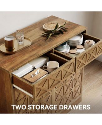 Modern Kitchen Island with Double Tilt-Out Trash Cabinet, 13 Gallon Fluted Storage Cabinet with 2 Drawers & Hidden Trash Bins, Rustic Brown