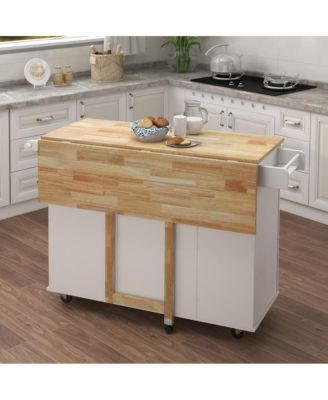 53.5" Solid Wood Rolling Kitchen Island Cart with Drop Leaf, Drawers, Cabinet, Spice and Towel Rack
