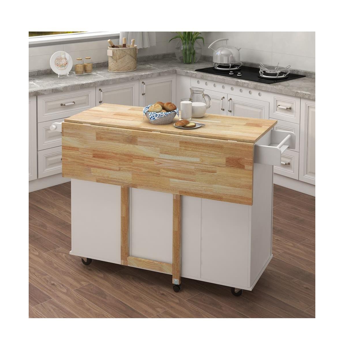 Maison Boucle 53.5" Rolling Kitchen Island Cart with Solid Wood Drop Leaf, 3 Drawers, Cabinet, Spice and Towel Rack-Maison Boucle