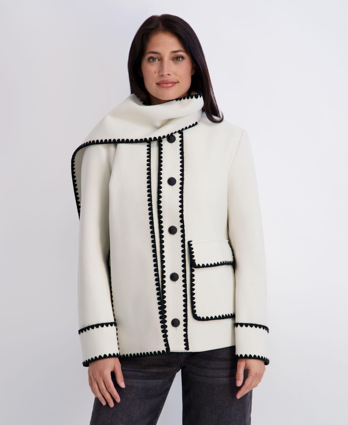 Женская куртка Kensie Scarf Collar Faux Wool Jacket with Whipstitch Detail, цвет: Чёрный / Белый — фото 5