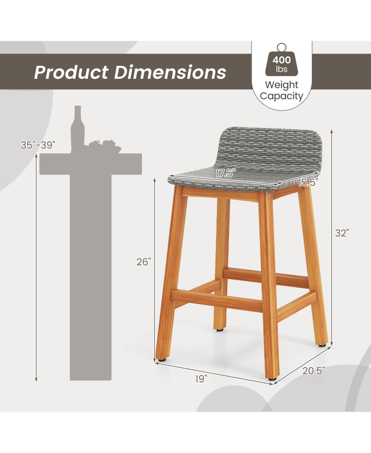 Gymax Solid Acacia Wood Bar Stools Set of 2 Rattan Bar Height Patio Chairs for Porch
