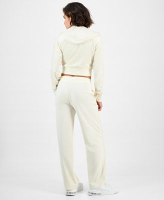 Guess Womens Couture Cropped Velour Hoodie Short Sleeve Velour T Shirt Straight Leg Velour Pants In Neutral