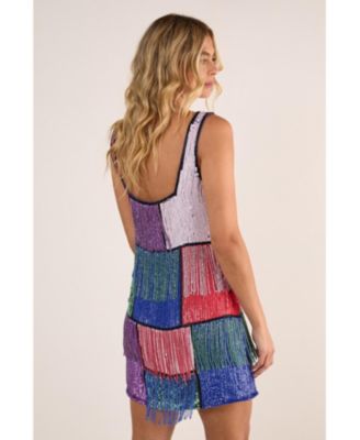 Women's Check Tassel Sequin Mini Dress