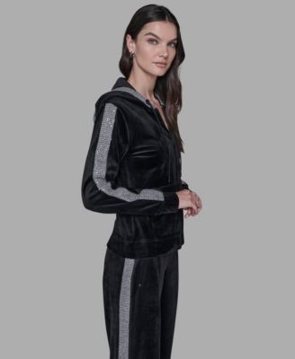 Petite Velour Rhinestone Trim Zip-Up Jacket