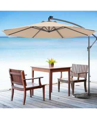 10' Hanging Solar LED Umbrella Patio Sun Shade Offset Market With Base