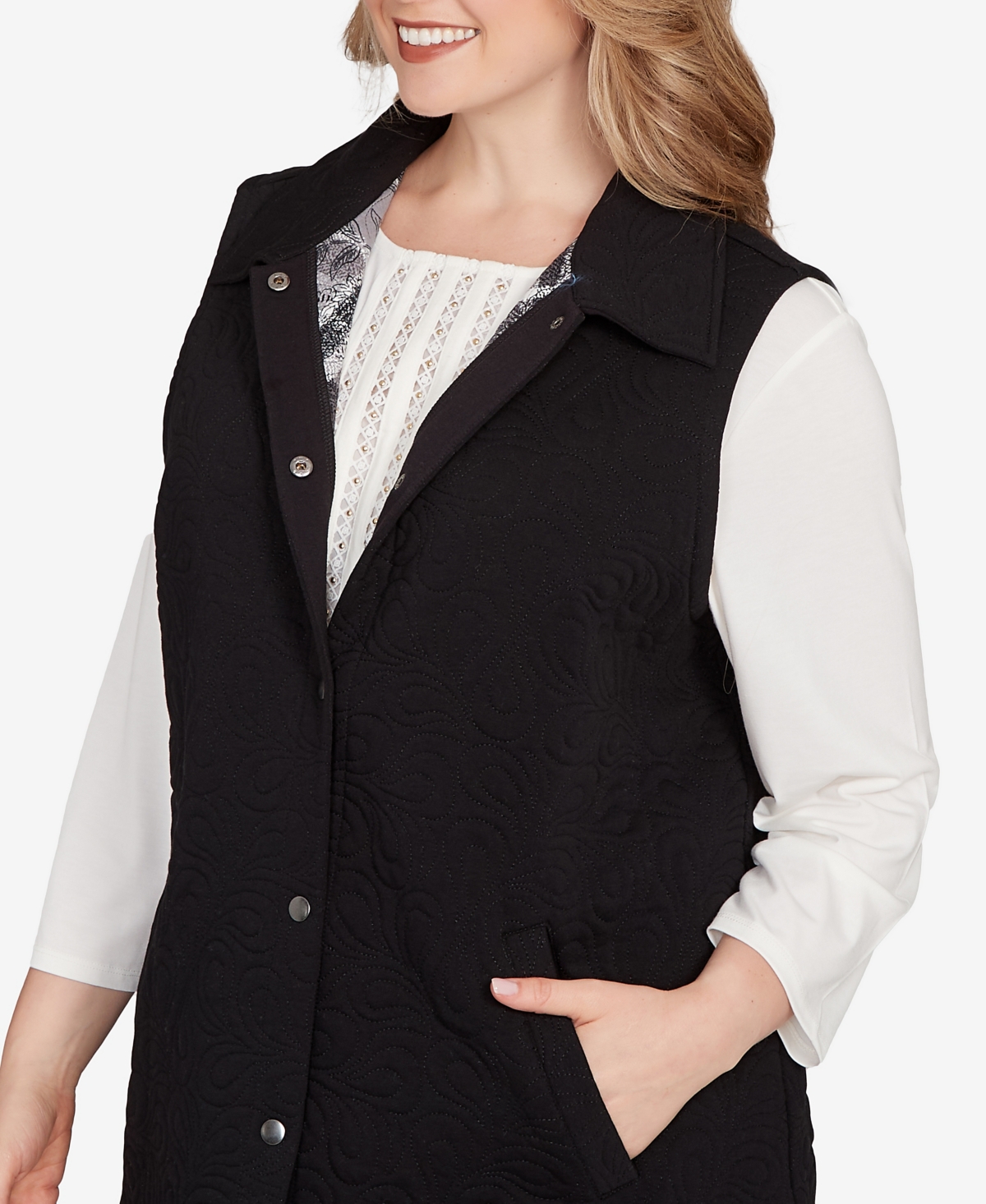 Ruby Rd. Plus Size Quilted Terry Inner Beauty Vest Jacket In Black