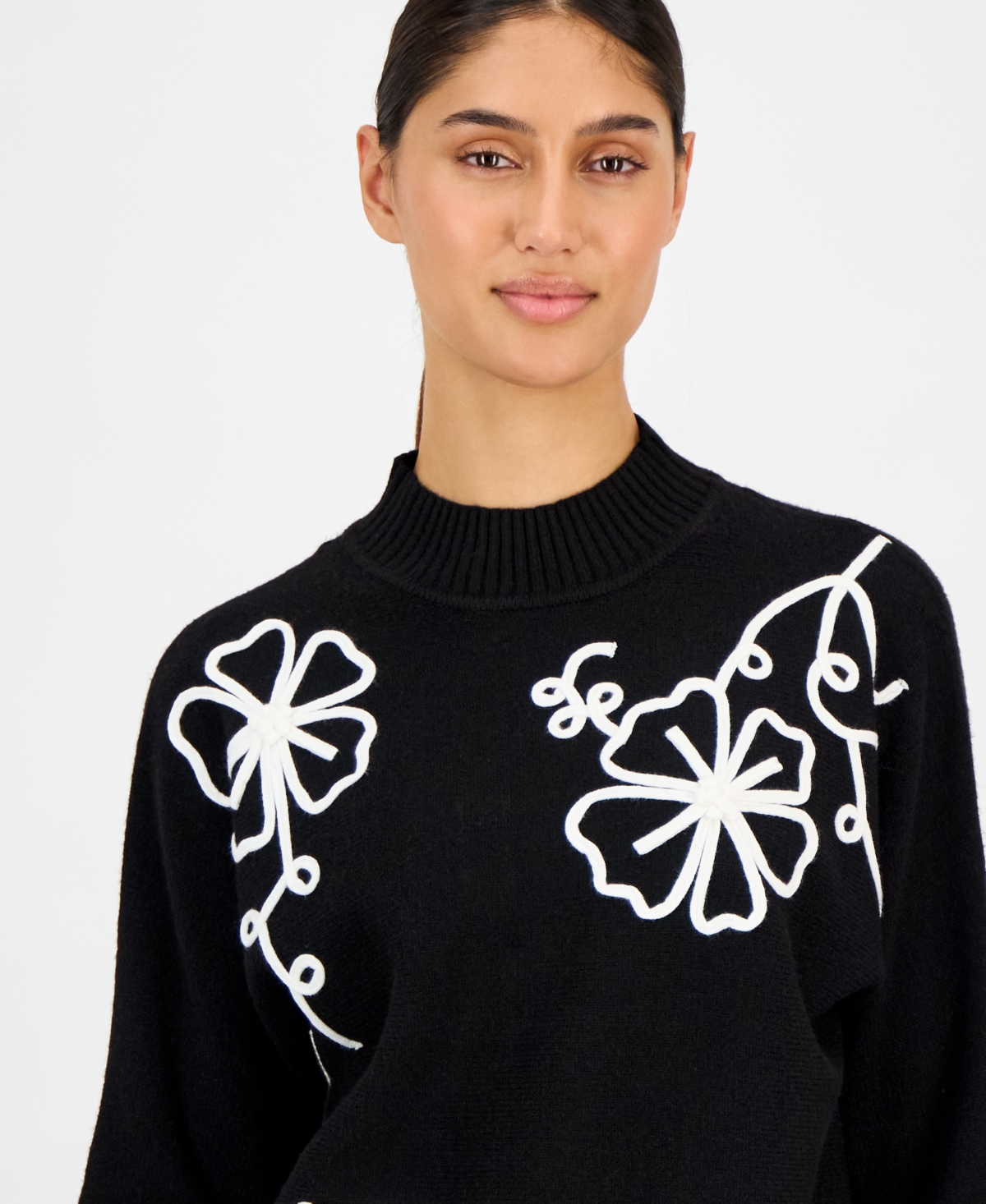 T Tahari Women's Mock Neck Floral Embroidered Sweater In Black