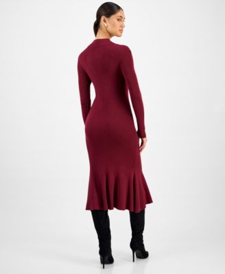 Women's Long-Sleeve Ribbed Bodycon Flare Dress