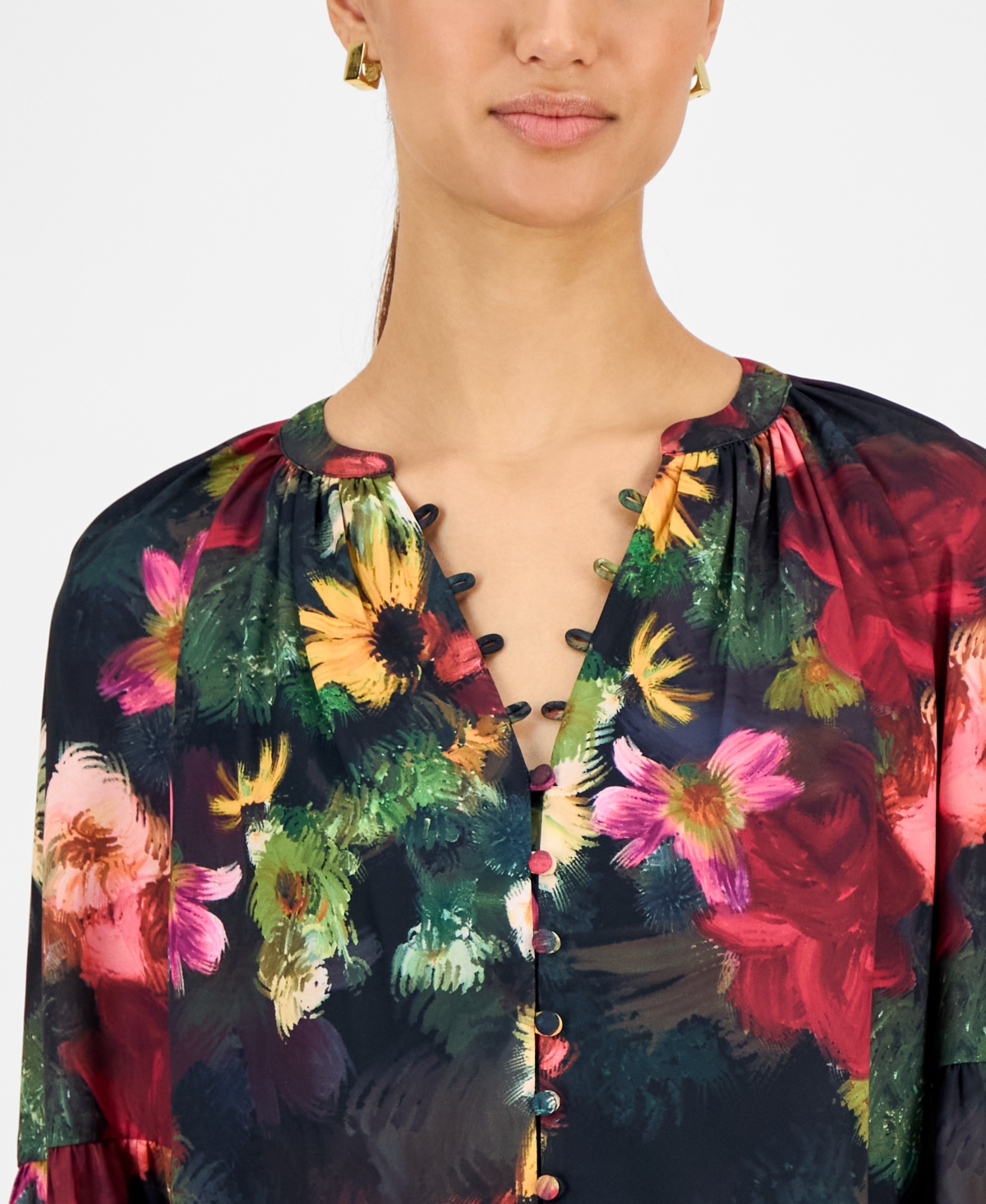 T Tahari Women's Floral Split-neck Blouse In Multi