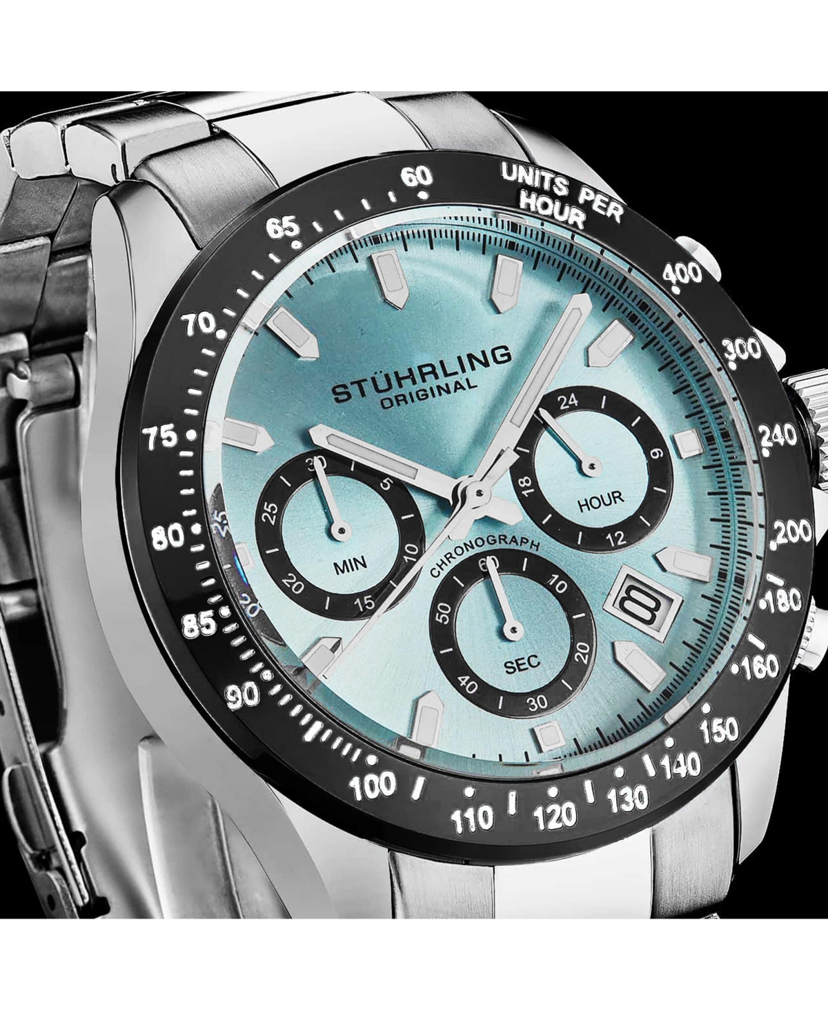 Stuhrling 3960 Men's Chronograph Watch Quartz Japan VR32 Ice Blue Dial Black Tachymeter Bezel Silver Tone Case Stainless Steel Bracelet Date Window