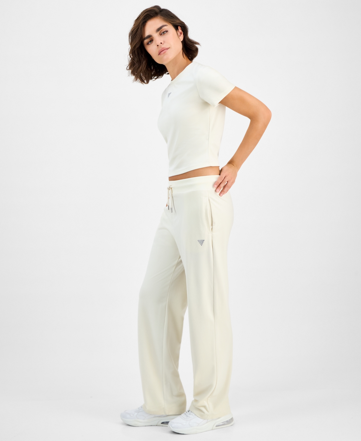 Guess Womens Couture Cropped Velour Hoodie Short Sleeve Velour T Shirt Straight Leg Velour Pants In White