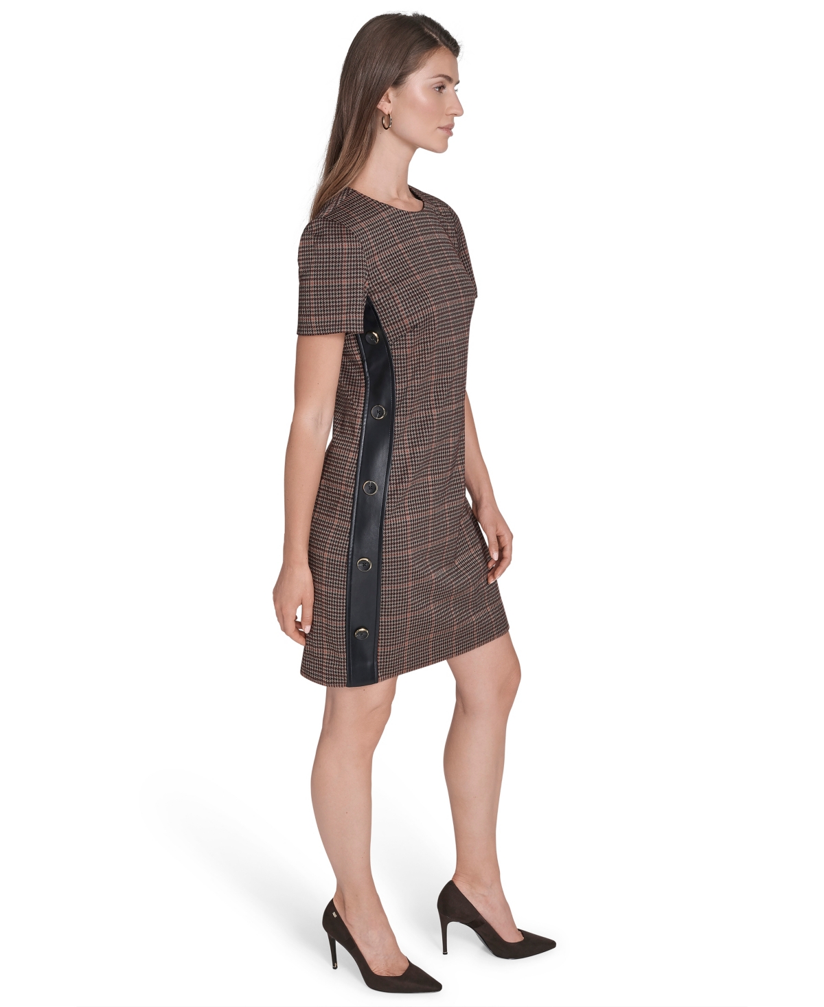 Halston Women's Micro Houndstooth Button Dress In Brown