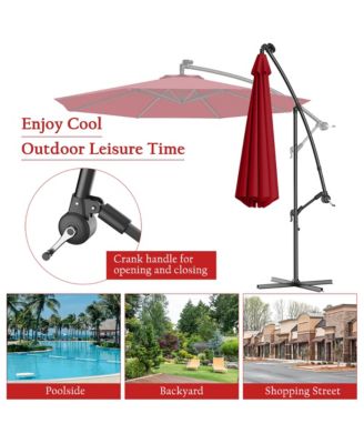 10' Hanging Solar LED Umbrella Patio Sun Shade Offset Market W/Base