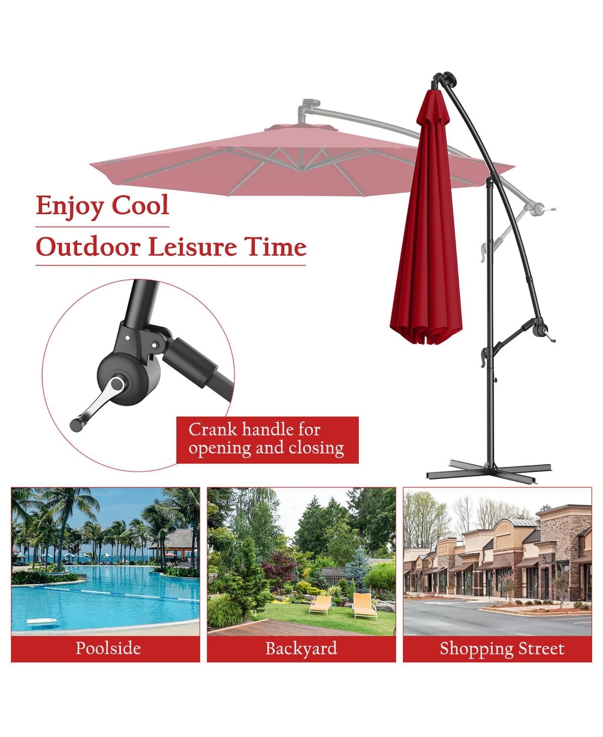 Costway 10' Hanging Solar Led Umbrella Patio Sun Shade Offset Market W/Base