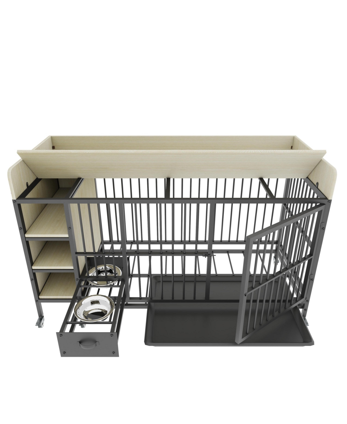 Aostirmotor 57 in. W x 33 in. H x 24 in. D Large Pet Cage with Storage Rack Drawers with Stainless Steel Food in Beige