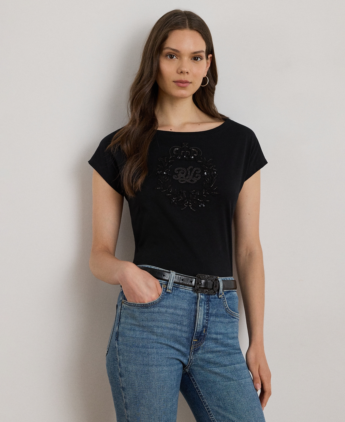 Ralph Lauren Petite Sequin Crest Jersey T-shirt In Black