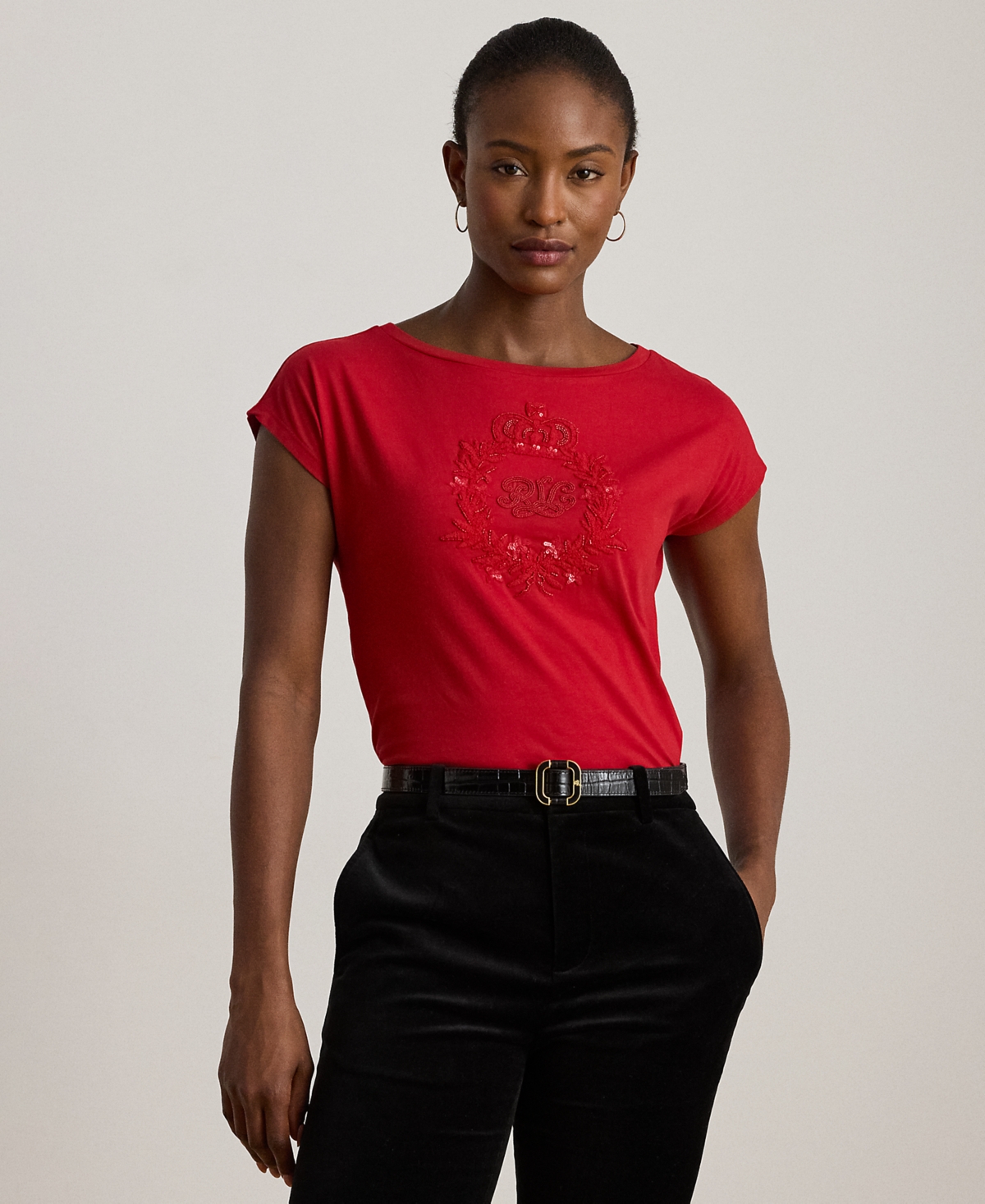 Ralph Lauren Petite Sequin Crest Jersey T-shirt In Red