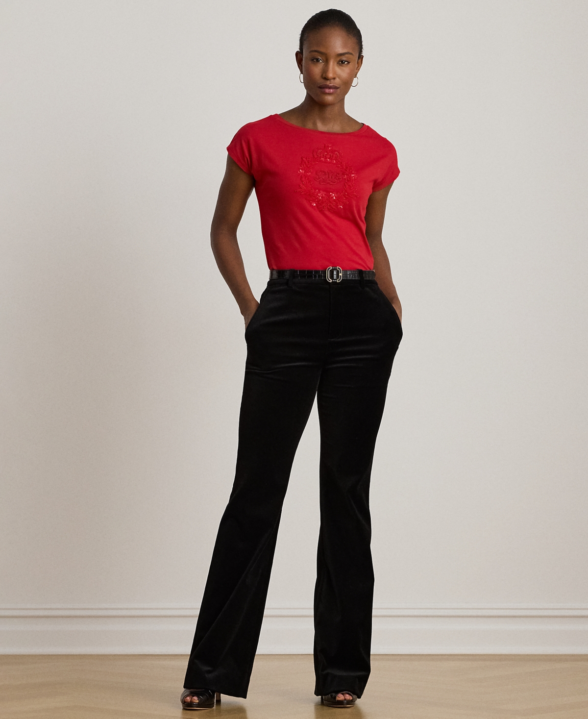 Ralph Lauren Petite Sequin Crest Jersey T-shirt In Red