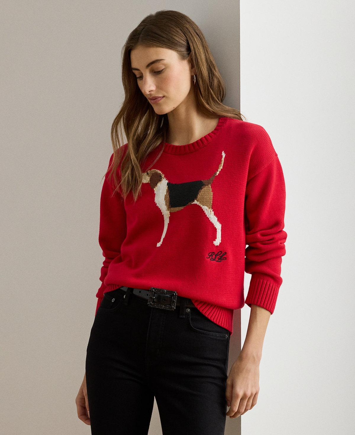 Ralph Lauren Petite Intarsia-knit Crewneck Sweater In Red
