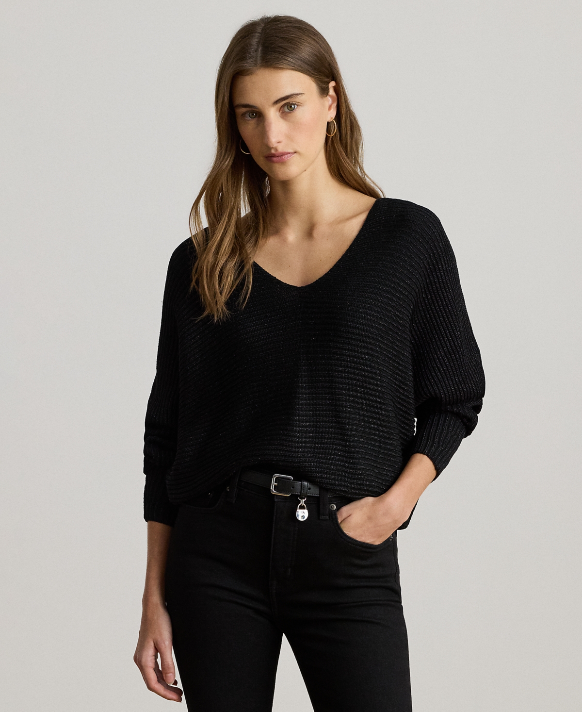 Ralph Lauren Petite Rib-knit Dolman Sleeve Sweater In Black
