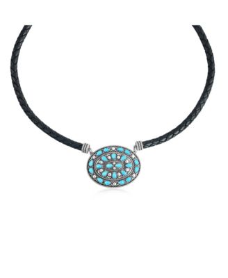 Sterling Silver Kingman Turquoise Oval Pendant Black Leather Necklace, 17 to 20 Inches
