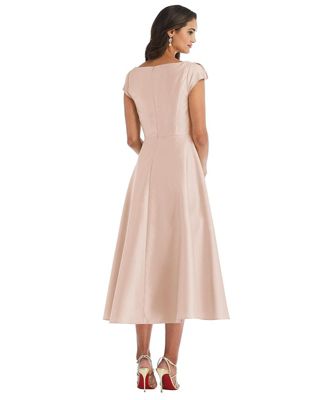 Plus Size Puff Cap Sleeve Full Skirt Satin Midi Dress