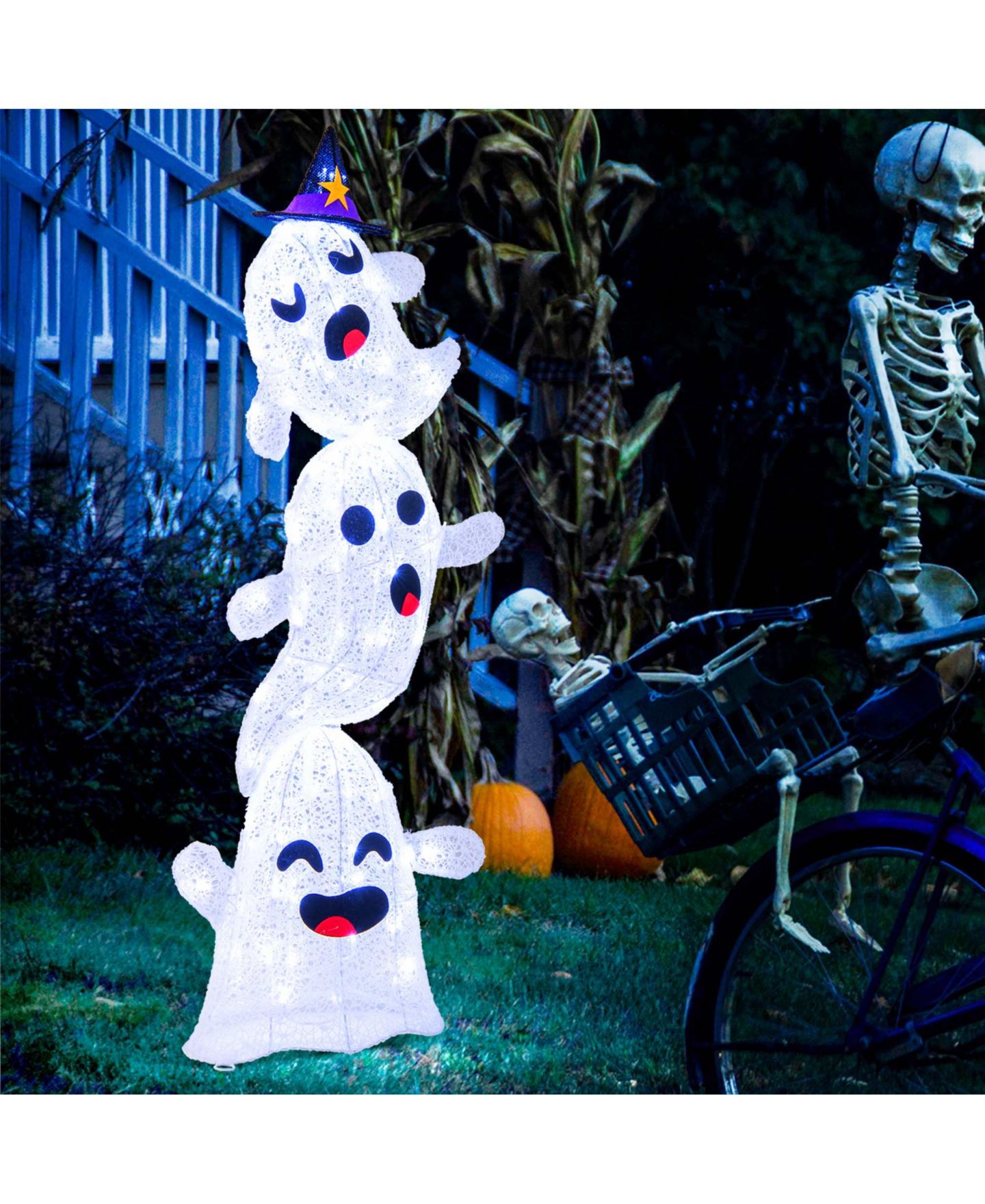 Детская игрушка Costway 4 FT Lighted Stacked Ghosts Standing Halloween Decoration with 120, цвет: Белый — фото 8