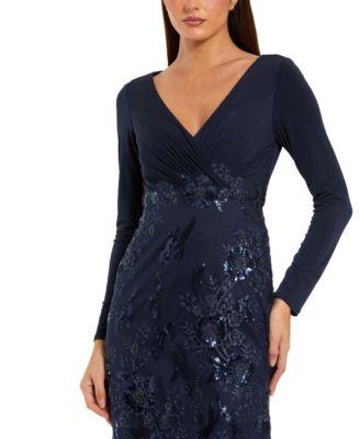 Embellished Long Sleeve Wrap Over Trumpet Gown