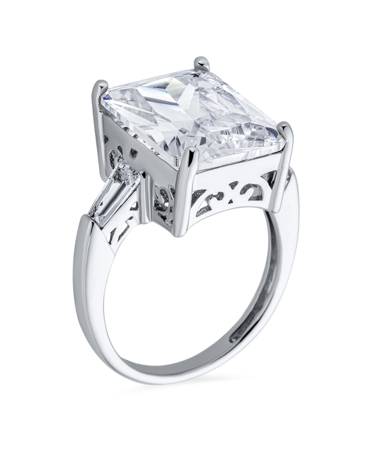 Bling Jewelry Art Deco Style Sterling Silver 10CT Princess Cut Cz Cubic Zirconia Cocktail Statement Ring Baguette Side Stones