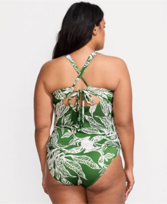 Women's Plus Size Shine Ribbed Tankini Top and High Waisted Bottom Swimsuit Set