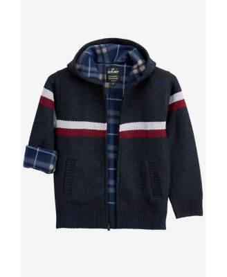 Boy's Full Zip Hooded Sweater With Stripes And Faux Shearling Lining